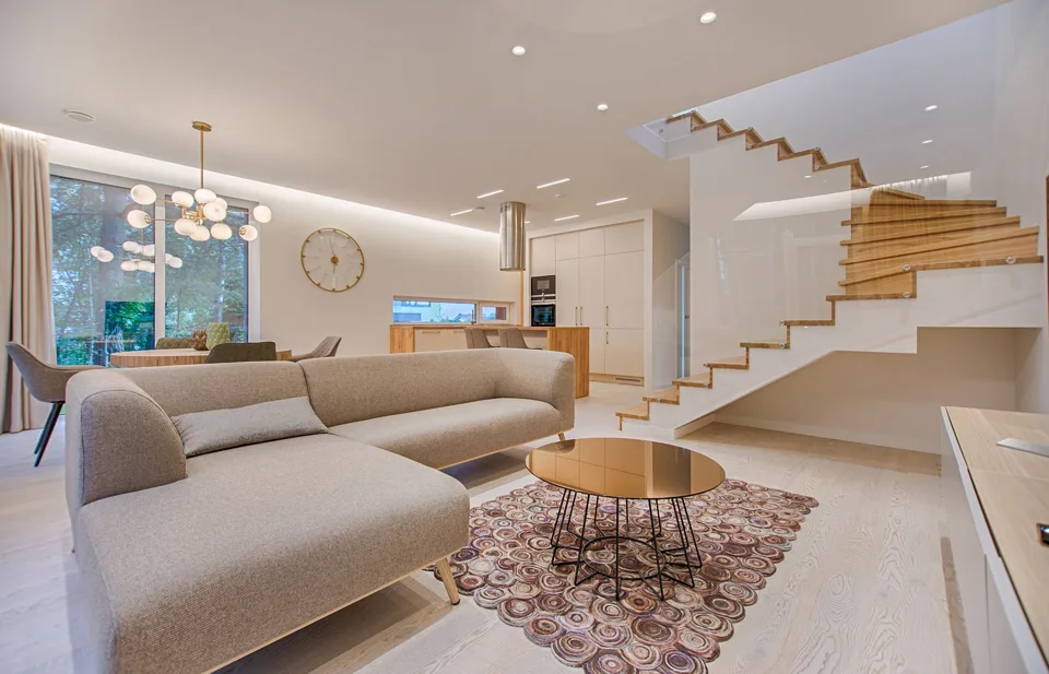 Bright living room with an adjoining kitchen